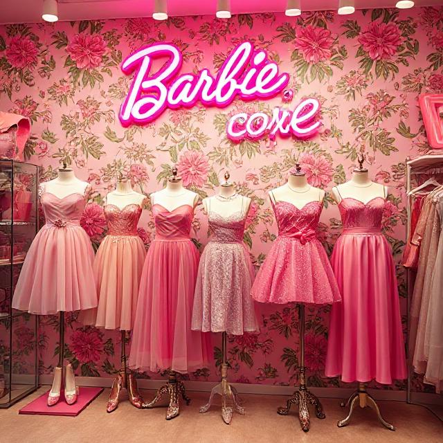 Aesthetic Wallpapers That Brighten Your Screen and Your Soul 7 “Barbiecore wallpaper with pink glam dresses on mannequins, vintage accessories, glitter heels, and dreamy pastel signs in a retro-feminine style.”