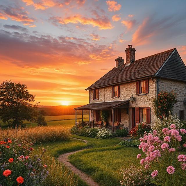 Aesthetic Wallpapers That Brighten Your Screen and Your Soul 11 : Cottagecore aesthetic collage in sunset tones with floral countryside visuals.