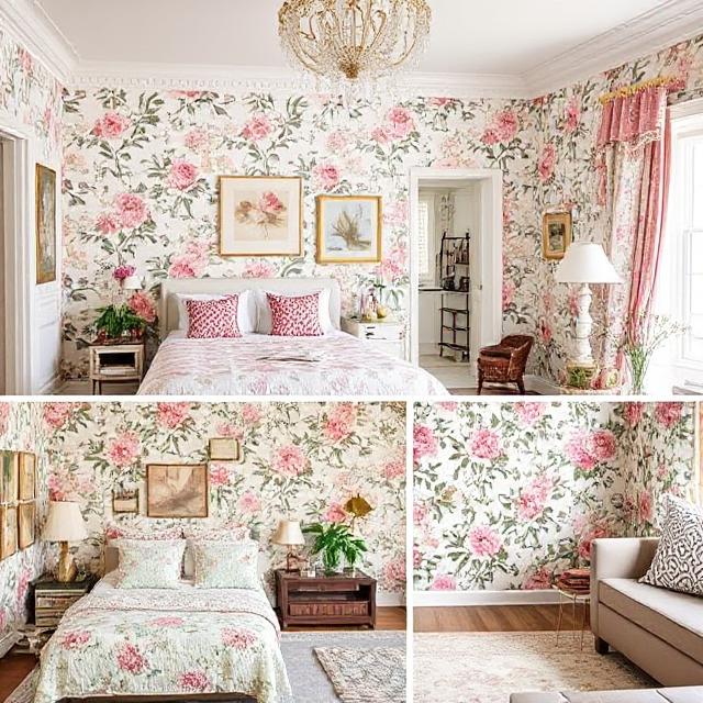 Bloom Your Space with Stunning Flower Wallpapers 10 : A home interior showcasing several rooms with different floral wallpaper styles—pastel in the bedroom, bold in the living room.