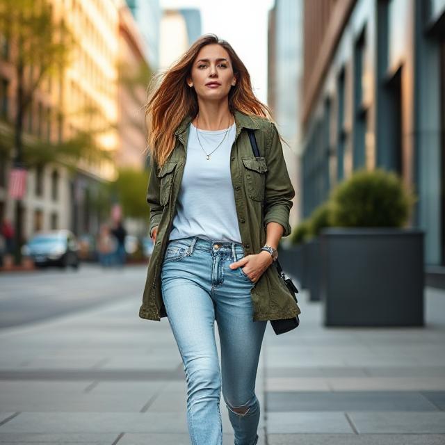 Effortless Outfit Inspiration for Every Season and Celebration 9 : A woman walking downtown wearing light wash jeans, white tee, and an olive green utility jacket.