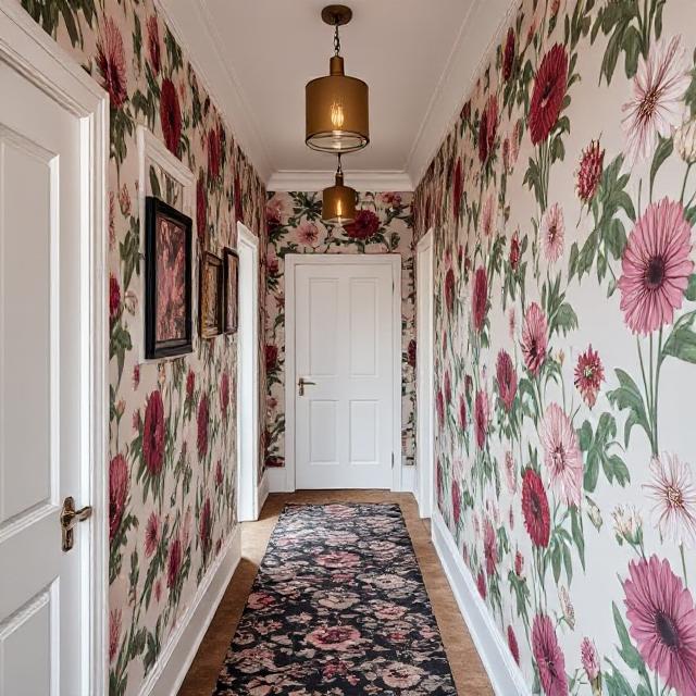 Bloom Your Space with Stunning Flower Wallpapers 9 Stylish hallway with bold flower wallpapers and moody floral patterns.