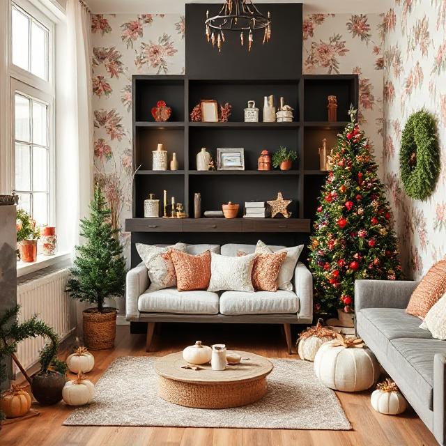 Bloom Your Space with Stunning Flower Wallpapers 11 A modern home with seasonal decorations and neutral-toned floral wallpaper that blends with any style.