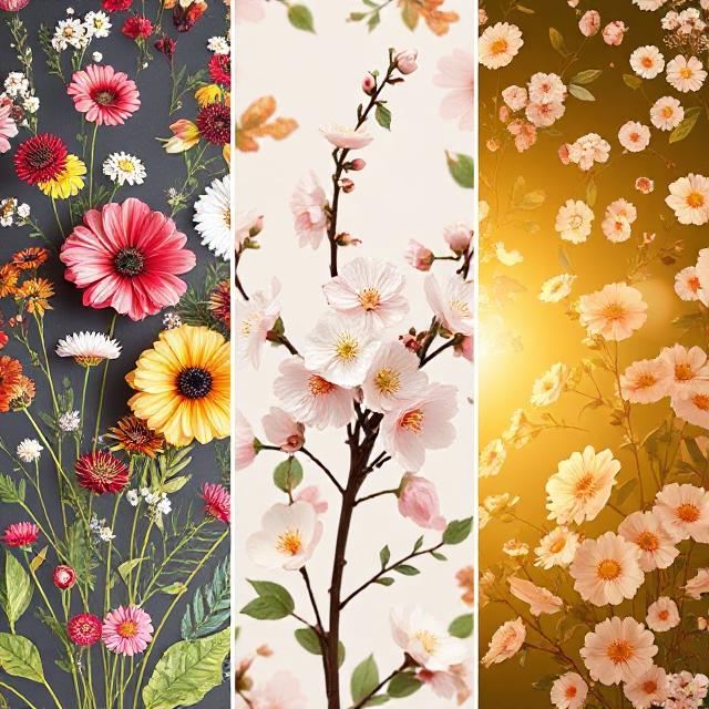 Bloom Your Space with Stunning Flower Wallpapers 12 A collage of three floral wallpaper styles: boho wildflowers, cherry blossoms, and golden-hour sunlit florals.