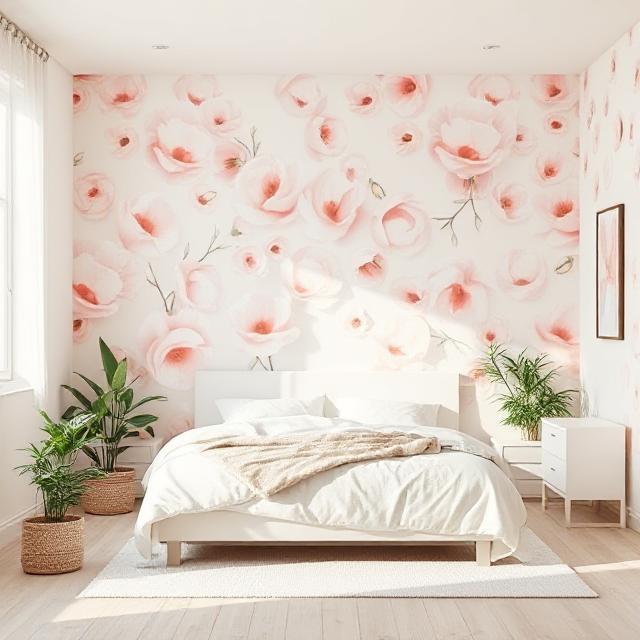 Bloom Your Space with Stunning Flower Wallpapers 2 Elegant bedroom with soft-toned flower wallpapers and indoor plants.