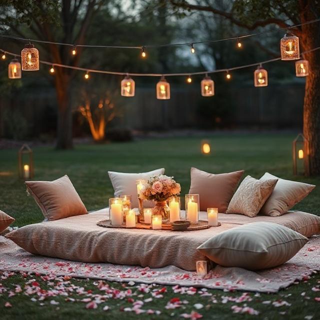 Home Celebration Decor Ideas That Turn Spaces into Moments 7 A romantic outdoor dinner setup with a low table, plush cushions, string lights, and candles, surrounded by petals and soft lantern glow for a cozy evening celebration.