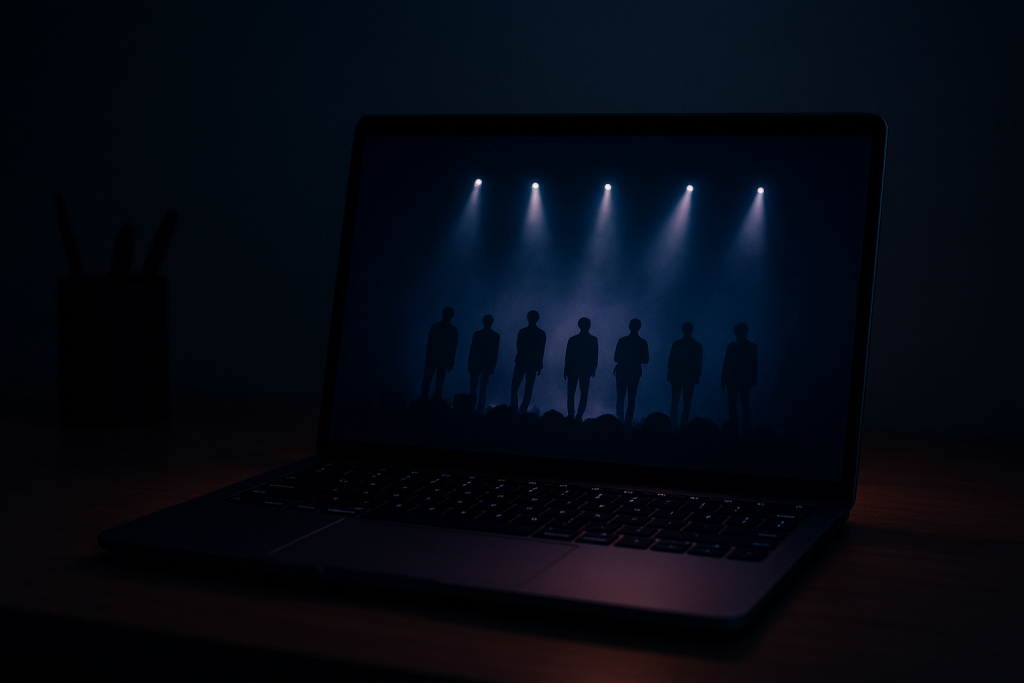 Laptop Wallpaper HD 1080p Aesthetic Dark BTS Stunning Backgrounds for Your Screen 2 "Laptop on a desk displaying a dark, cinematic BTS wallpaper with moody lighting and stage-light silhouettes."