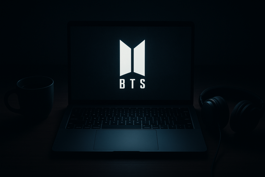 Laptop Wallpaper HD 1080p Aesthetic Dark BTS Stunning Backgrounds for Your Screen 3 A dimly lit laptop with a glowing BTS wallpaper on the screen, placed on a dark desk with a coffee mug on the left and headphones on the right, creating a moody and focused atmosphere.