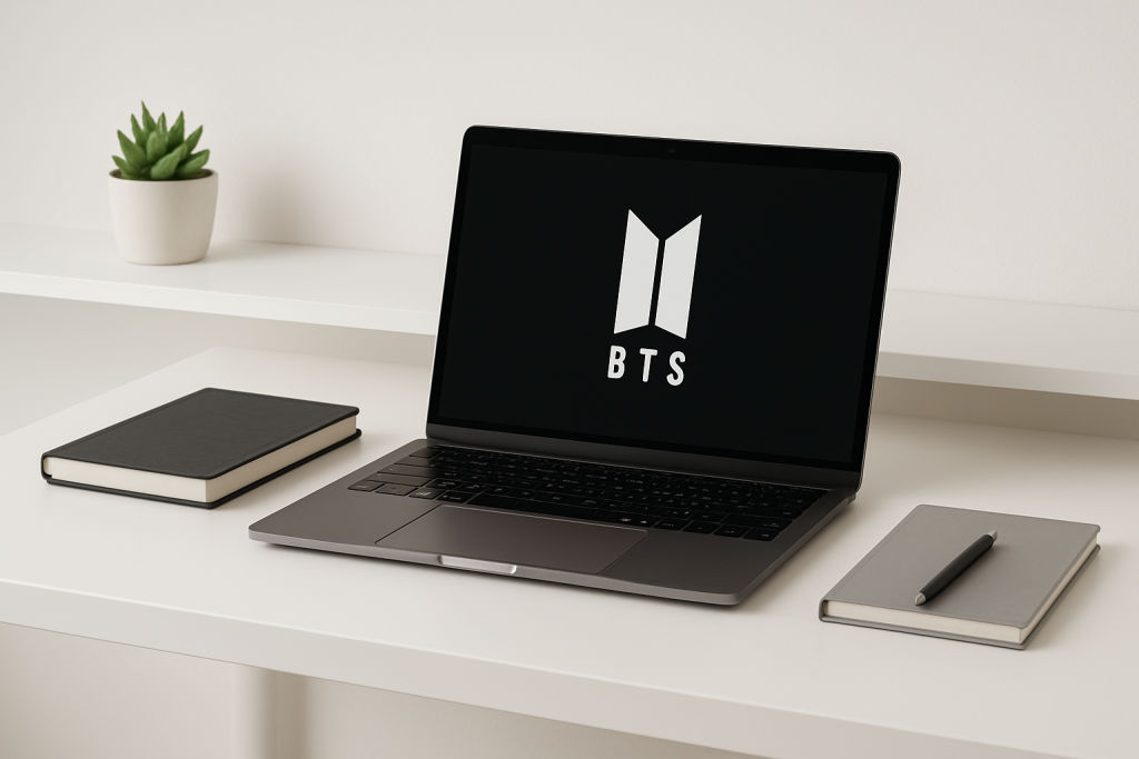 Laptop Wallpaper HD 1080p Aesthetic Dark BTS Stunning Backgrounds for Your Screen 6 A modern minimalist workspace with a laptop displaying a clean, dark BTS-inspired wallpaper, neatly arranged alongside notebooks and pens on a simple desk.