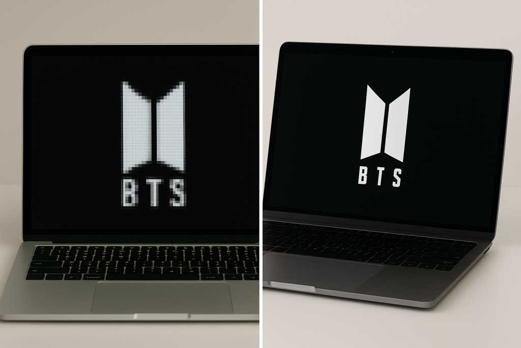 Laptop Wallpaper HD 1080p Aesthetic Dark BTS Stunning Backgrounds for Your Screen 7 A split-screen comparison of two laptops: the left screen shows a low-quality, pixelated BTS wallpaper, while the right screen displays a crisp, high-definition dark BTS-inspired design.