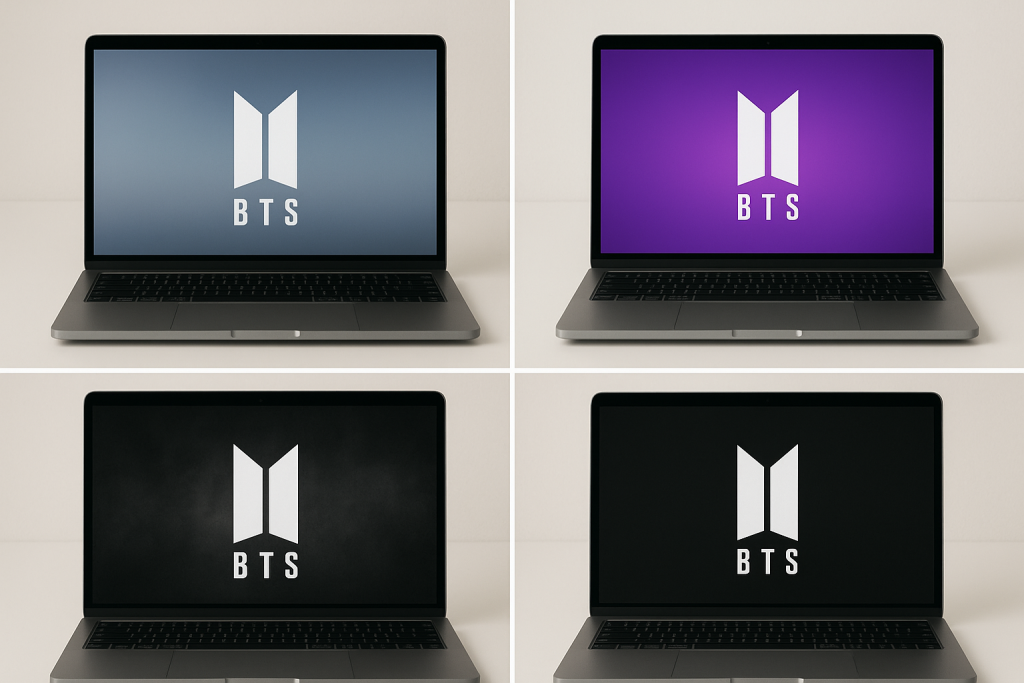 Laptop Wallpaper HD 1080p Aesthetic Dark BTS Stunning Backgrounds for Your Screen 8 A digital gallery of multiple laptop screens, each displaying a different BTS-inspired wallpaper that reflects distinct moods — calm, energetic, and dramatic.
