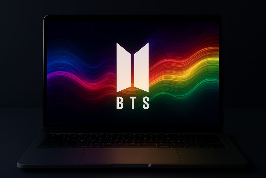 Laptop Wallpaper HD 1080p Aesthetic Dark BTS Stunning Backgrounds for Your Screen 9 A futuristic laptop screen displaying a dynamic dark BTS-inspired wallpaper that shifts colors in sync with pulsing sound waves, creating an immersive and modern visual effect.