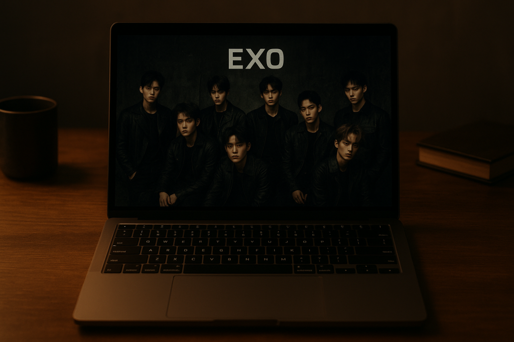 EXO Desktop Wallpaper HD 1080p Dark Aesthetic for Laptop 2 Laptop on a wooden desk with screen glowing, displaying an EXO wallpaper of all members in a dark aesthetic concept with cinematic lighting.
