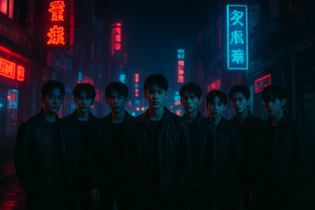EXO Desktop Wallpaper HD 1080p Dark Aesthetic for Laptop 3 HD wallpaper of EXO members standing under neon city lights with a moody atmosphere, shadows, and glowing accents.