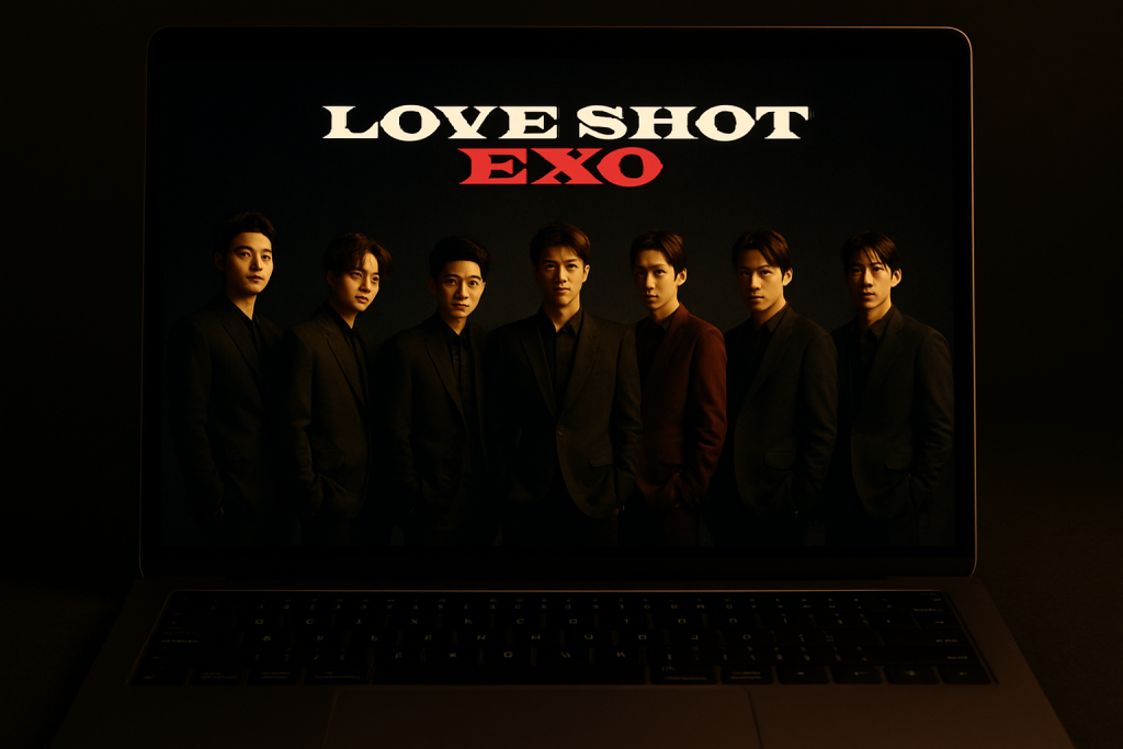 EXO Desktop Wallpaper HD 1080p Dark Aesthetic for Laptop 4 Laptop showing an EXO wallpaper with “Love Shot” theme, members in suits with dark background, dramatic cinematic glow.