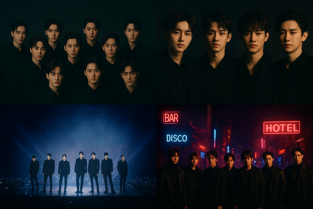 EXO Desktop Wallpaper HD 1080p Dark Aesthetic for Laptop 5 Collage of 4 EXO wallpapers featuring group shots, solo portraits, and concert scenes in HD quality.