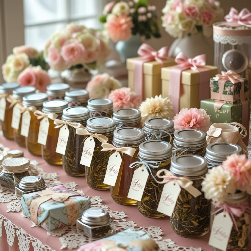 The Perfect Tea Party: A Delightful Gathering of Elegance and Charm 11 Tea party favor table with tea jars, personalized tags, and gift boxes.