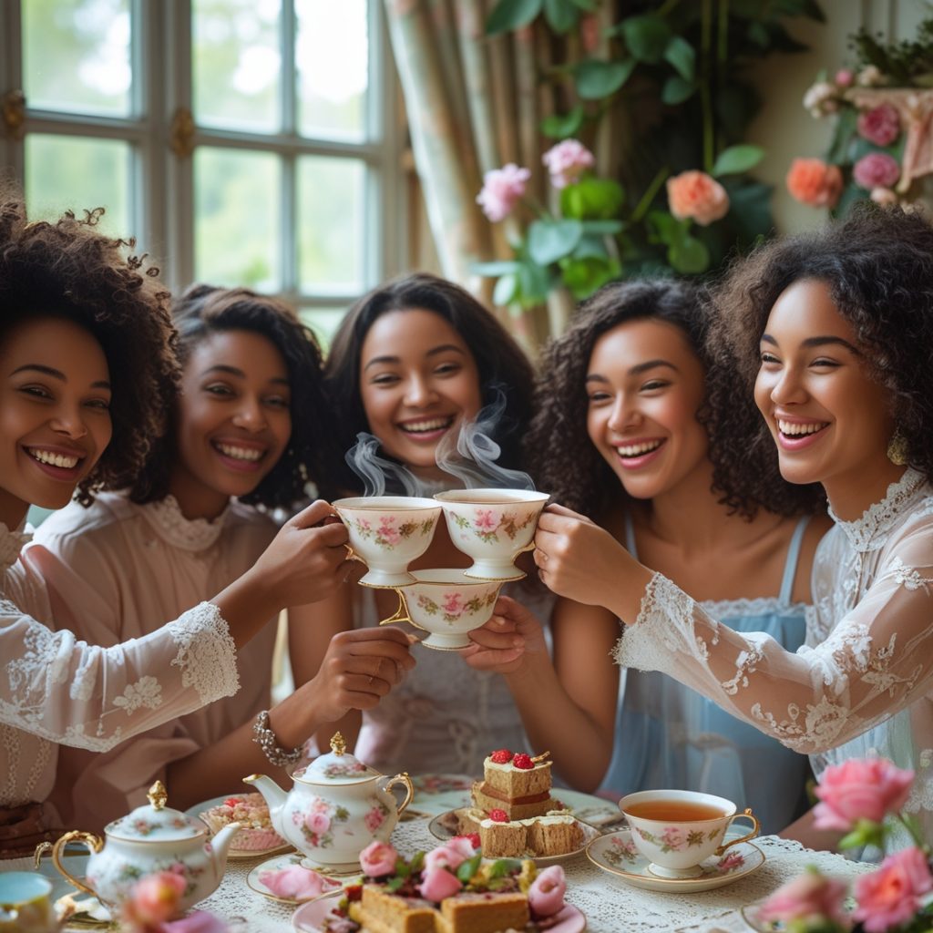 The Perfect Tea Party: A Delightful Gathering of Elegance and Charm 13 t: Friends toasting with floral teacups at the end of a cozy tea party.