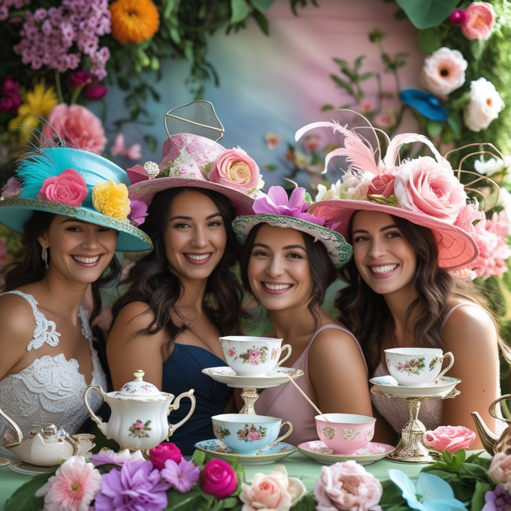 The Perfect Tea Party: A Delightful Gathering of Elegance and Charm 12 Guests posing at a floral photo booth with vintage tea party props and hats.