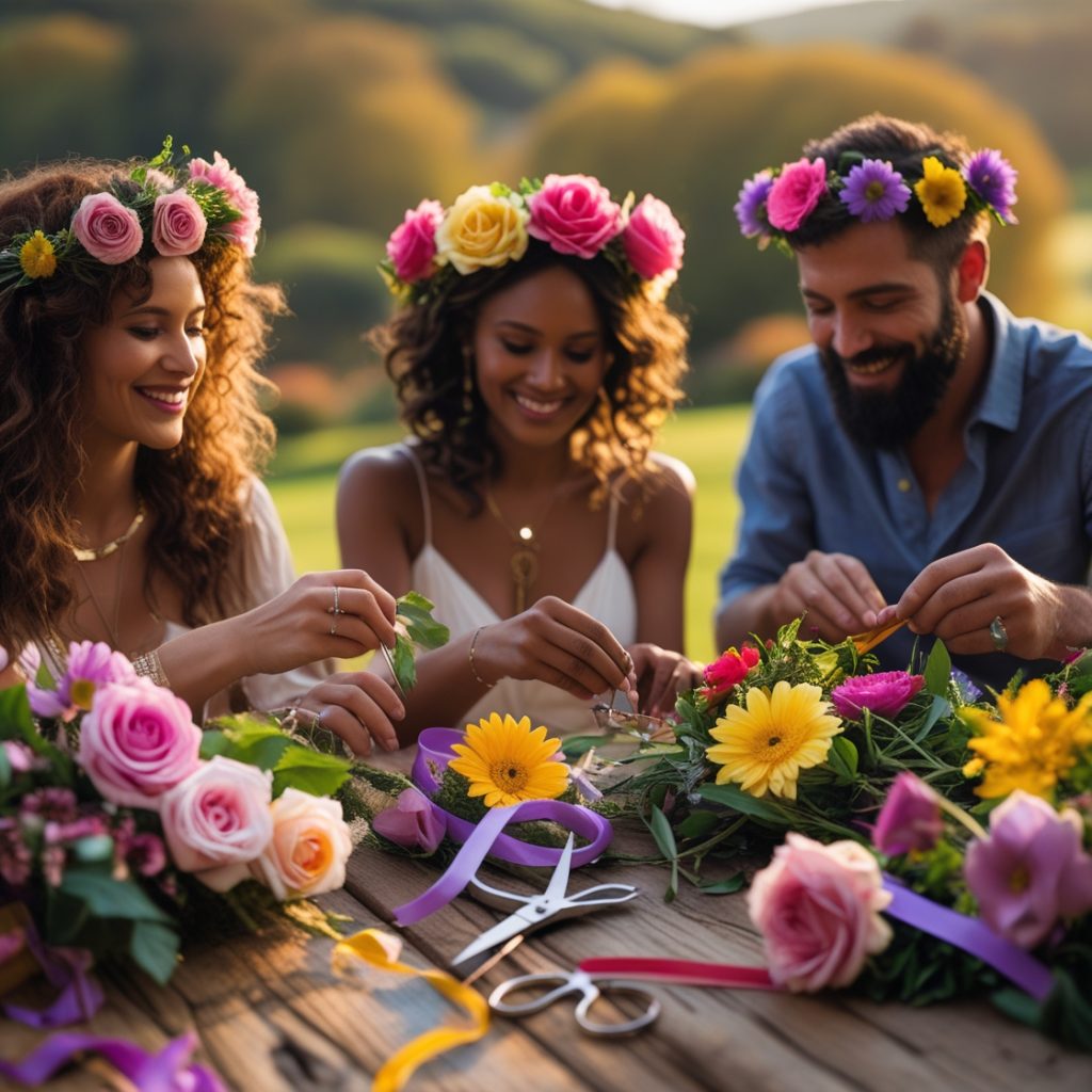 The Perfect Tea Party: A Delightful Gathering of Elegance and Charm 10 Guests making flower crowns at a rustic wooden table.