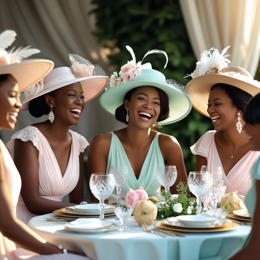 The Perfect Tea Party: A Delightful Gathering of Elegance and Charm 8 Women in pastel dresses and wide-brimmed hats laughing at a table.