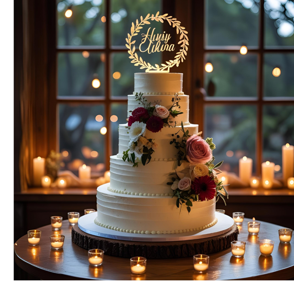 Elegant three-tier wedding cake with fresh flowers and personalized topper under warm lights.
