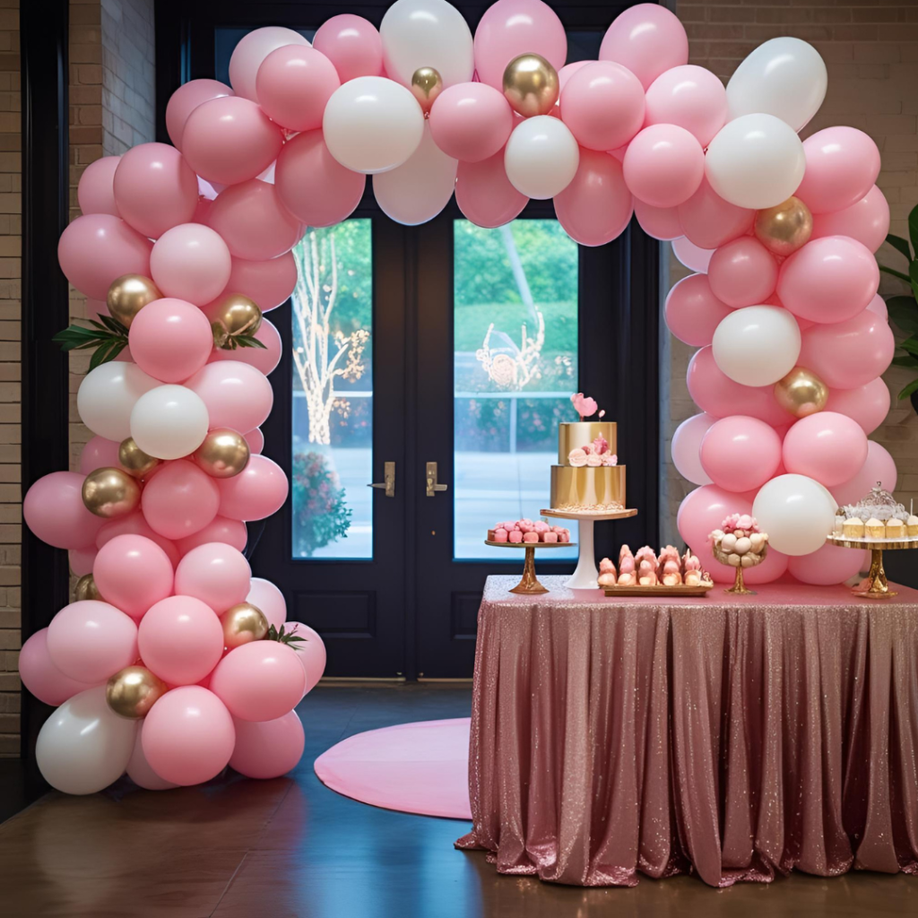 Imagine entering a room where a soft pink & white balloon arch welcomes you with love. You step into a vibrant space glowing with colors and creativity, then finish the night by indulging in sweets from a luxe dessert table that sparkles in pink and gold.