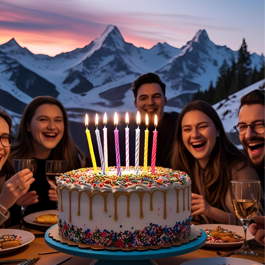  Birthday cake with candles, sprinkles, and people celebrating around the table.