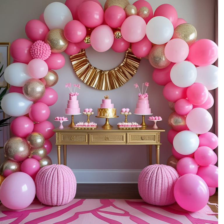 "Chic DIY party setup featuring a pink and gold dessert table, romantic pink & white balloon arch, and vibrant maximalist dream room decor."