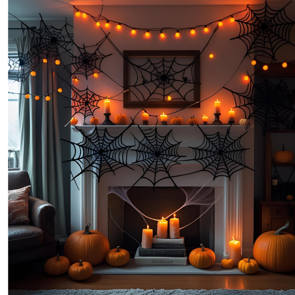 Halloween Party Ideas That Spark Spooky Fun for Everyone 2 Dimly lit Halloween living room with orange string lights, pumpkins, spider webs, and vintage candles on a decorated mantel.