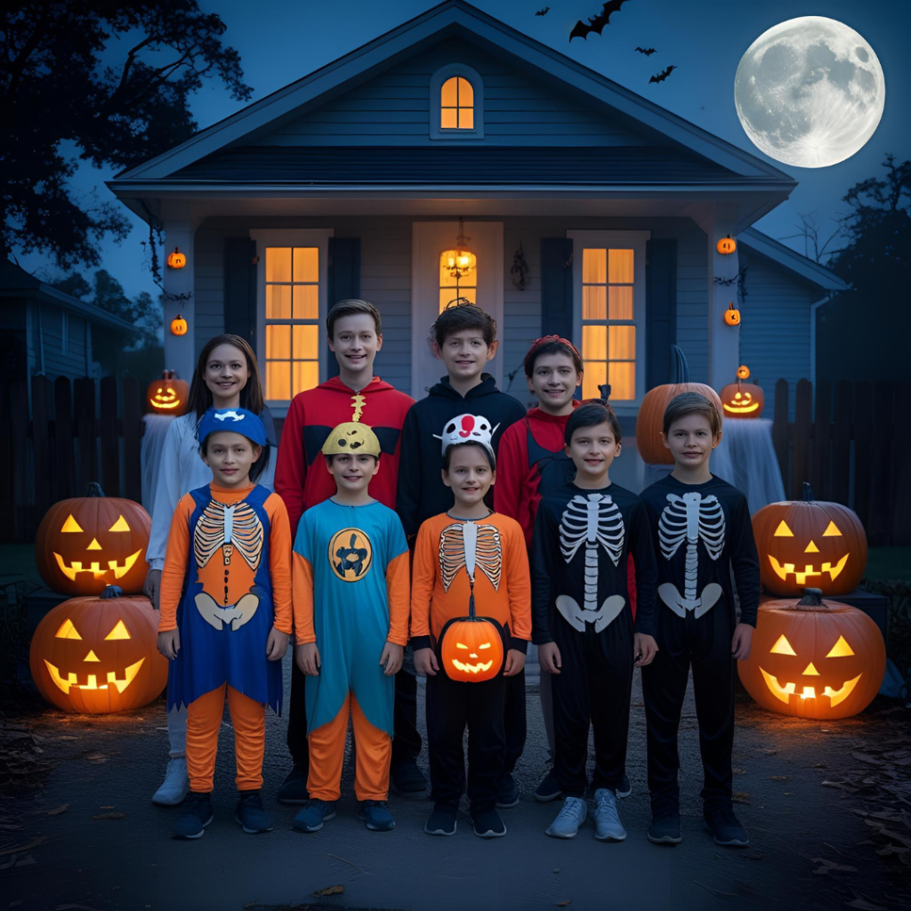Halloween Party Ideas That Spark Spooky Fun for Everyone 3 Group of kids and adults wearing creative Halloween costumes posing in front of a festively decorated house with spooky outdoor decor.