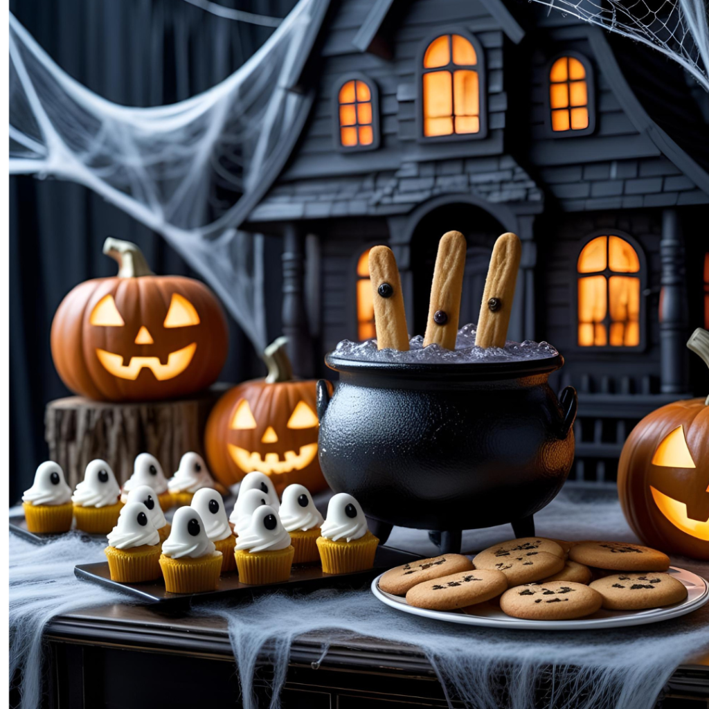 Halloween Party Ideas That Spark Spooky Fun for Everyone 4 Halloween party food table with ghost cupcakes, witch finger cookies, and a bubbling cauldron drink station surrounded by spooky decorations.