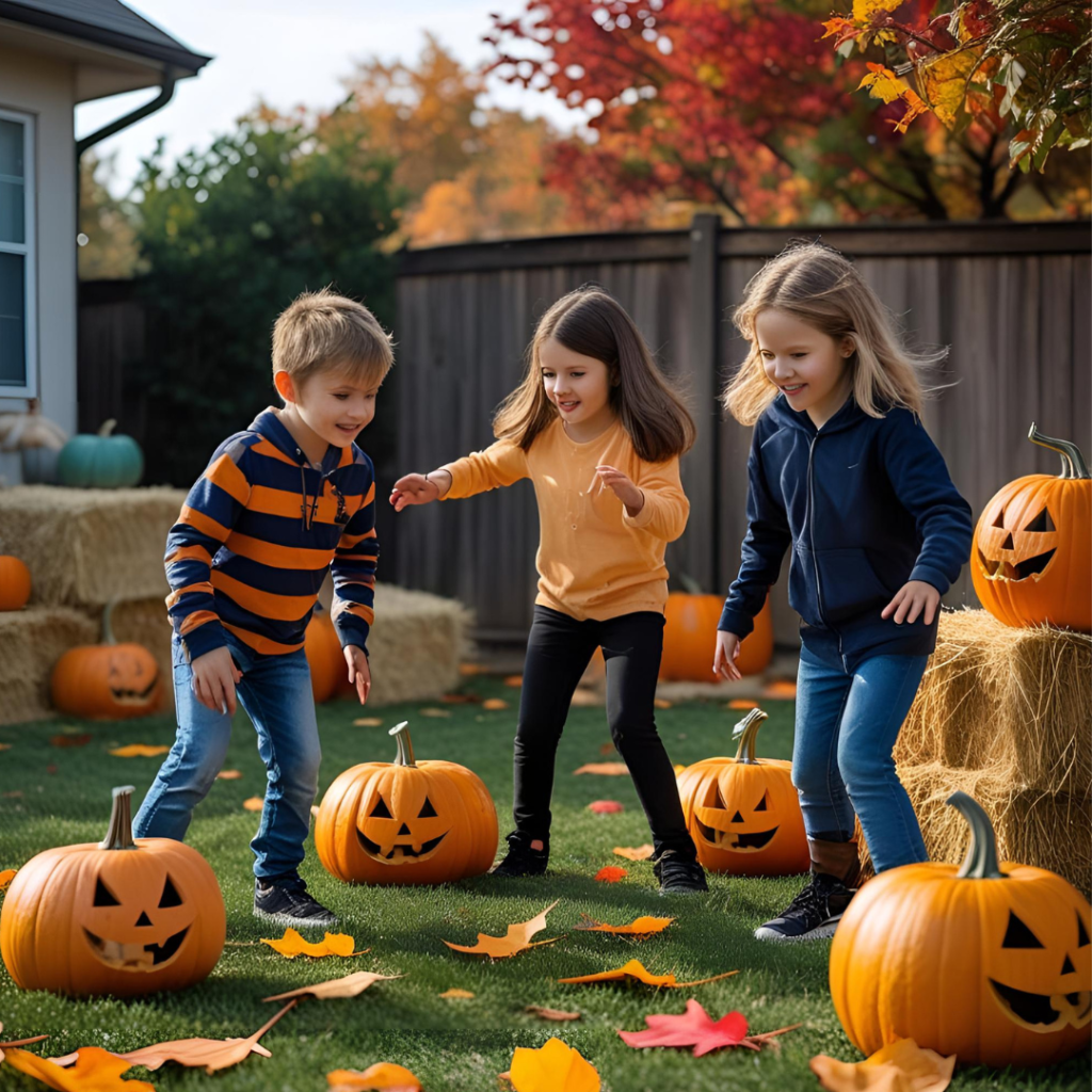 Halloween Party Ideas That Spark Spooky Fun for Everyone 5 Children playing Halloween games in a festive backyard decorated with pumpkins, hay bales, and vibrant autumn leaves.
