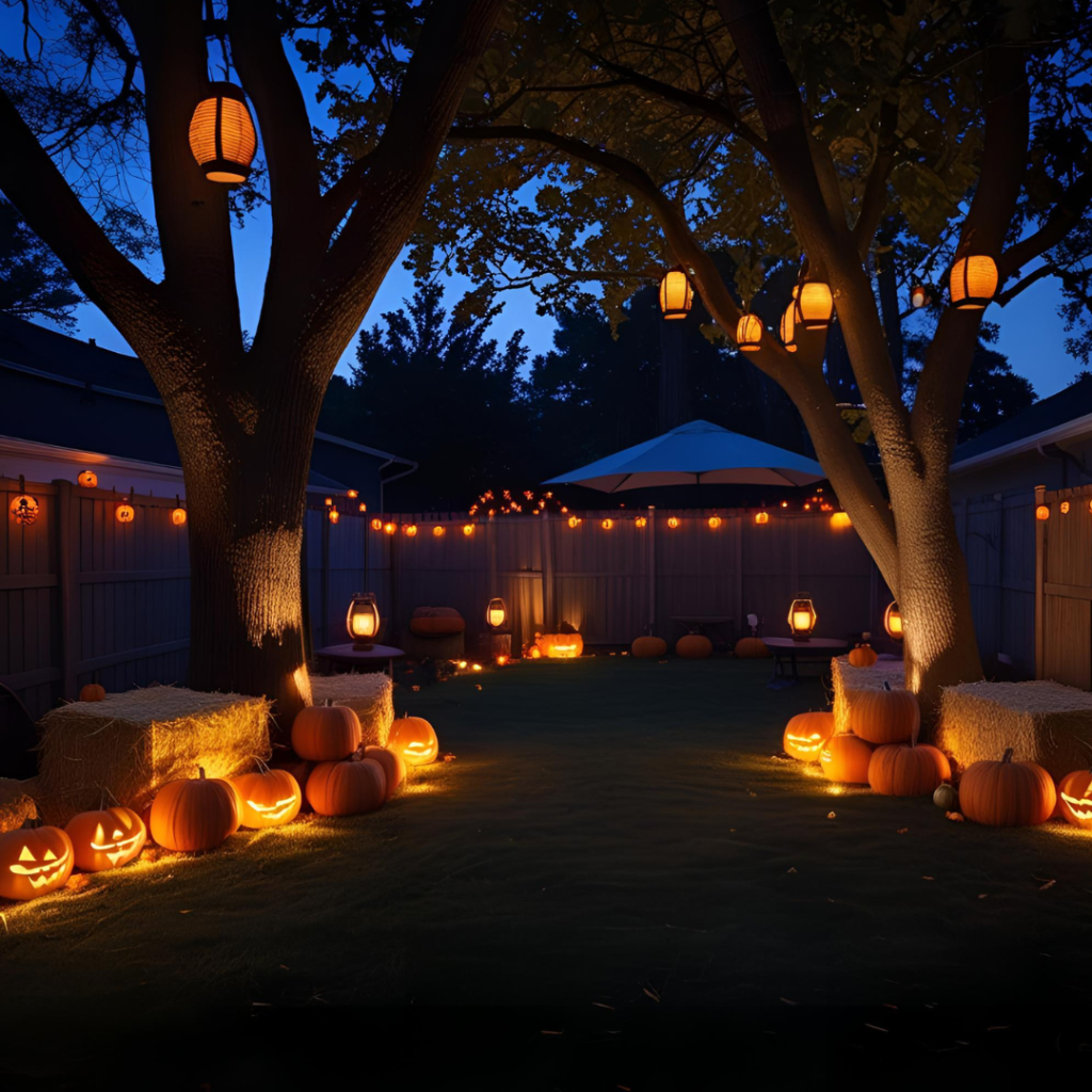 Halloween Party Ideas That Spark Spooky Fun for Everyone 6 A backyard at night decorated with lanterns, hay bales, pumpkins, and glowing Halloween lights under trees.