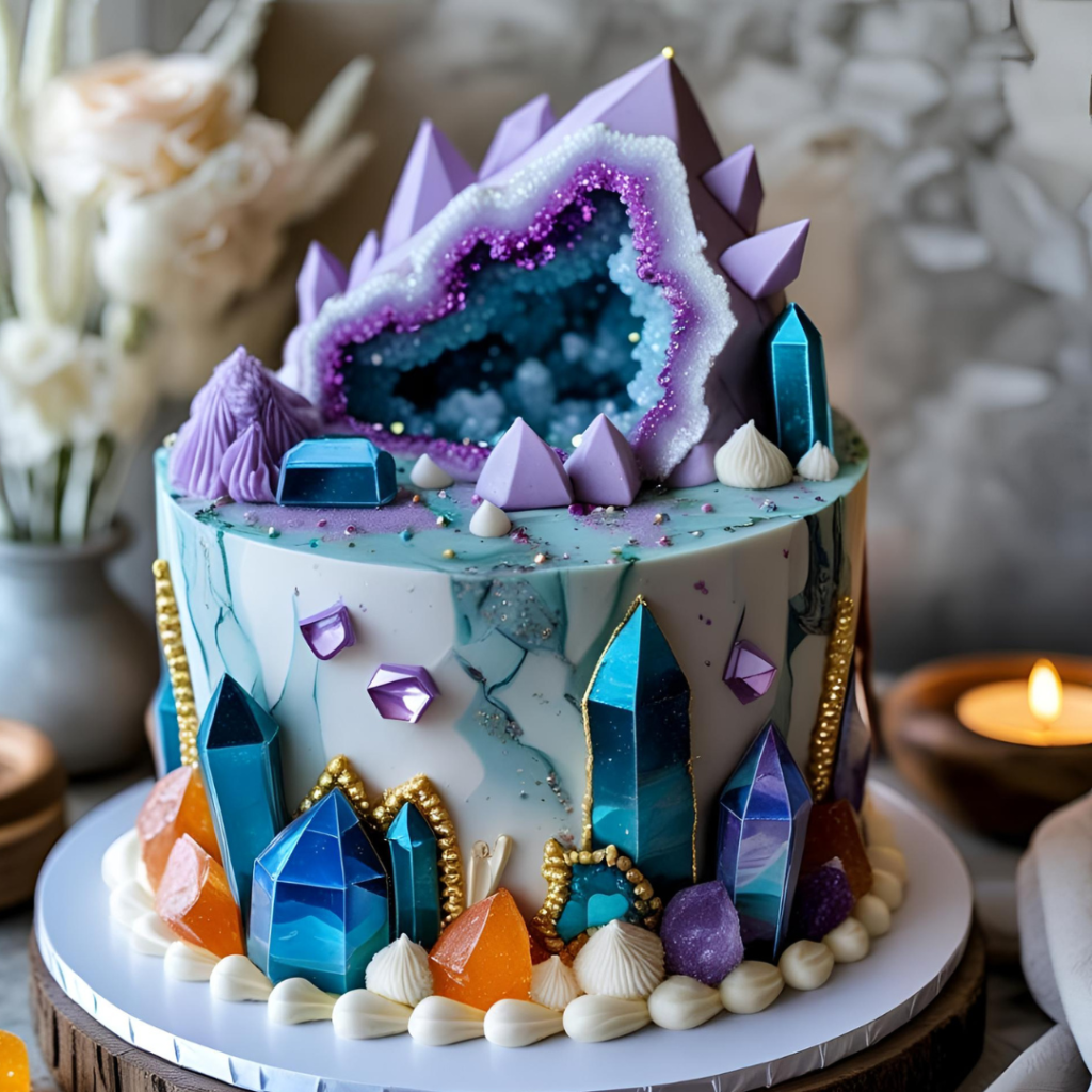 Stunning geode cake with crystal-like candy design and artistic frosting work.