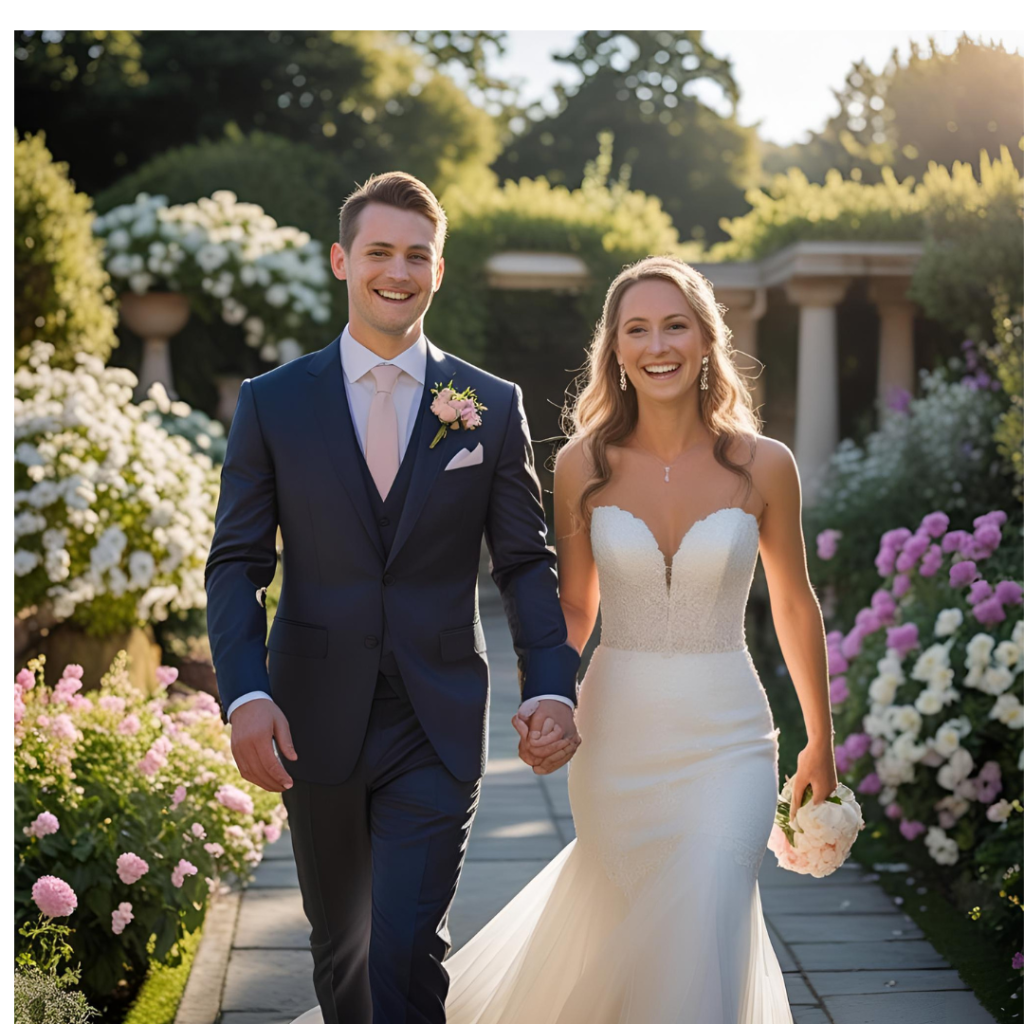 Groom Suits: Style, Elegance, and the Big Day 14 Groom walking hand-in-hand with his bride, suit perfectly fitted, smiles glowing.