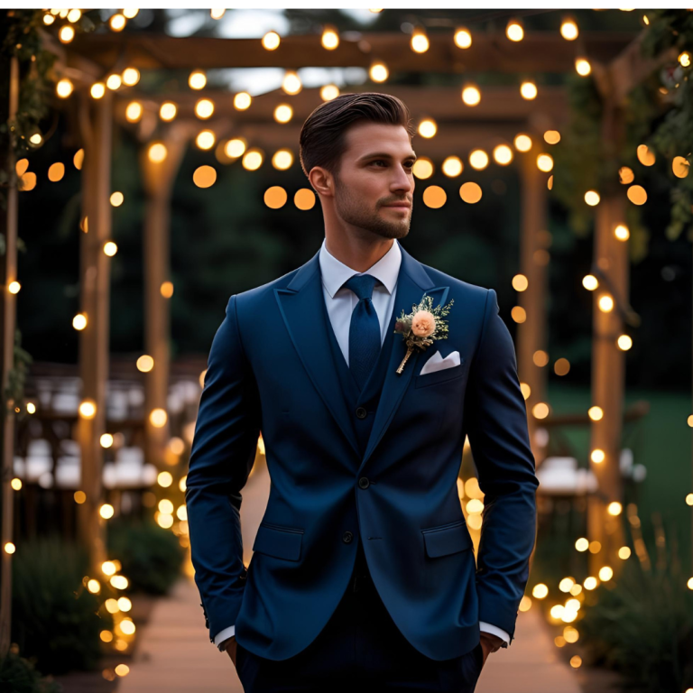 A groom in a tailored navy suit with a boutonniere stands under warm fairy lights at a romantic outdoor wedding. Elegant setting, face not shown.