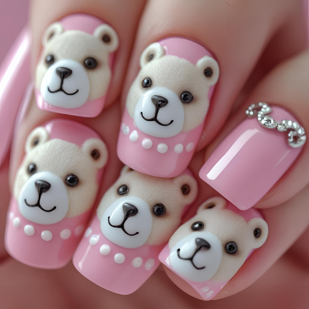 Nail Art Ideas 2025: Simple, Elegant & Trending Designs You’ll Love 3 Cute nail art with teddy bear faces and pastel pink polish.