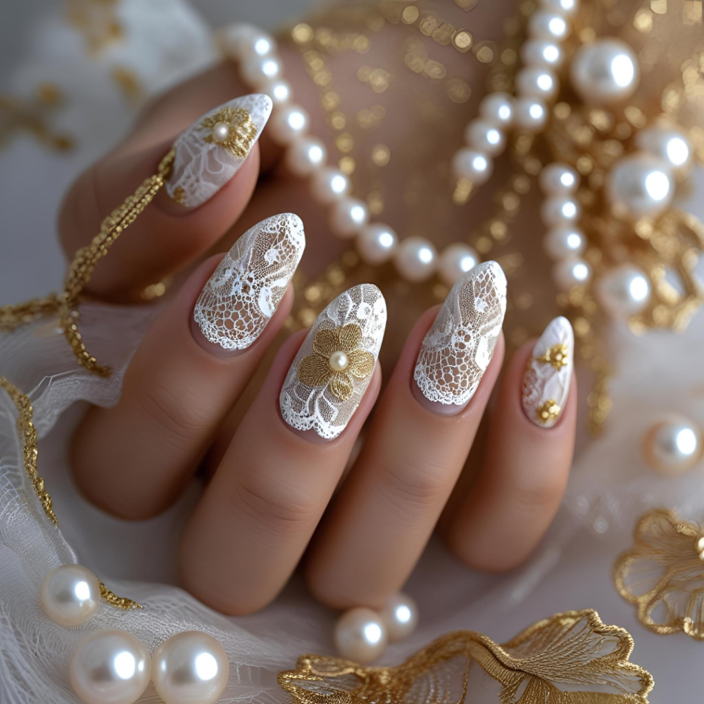 Nail Art Ideas 2025: Simple, Elegant & Trending Designs You’ll Love 4 Elegant white and gold lace nail art with pearl accents.