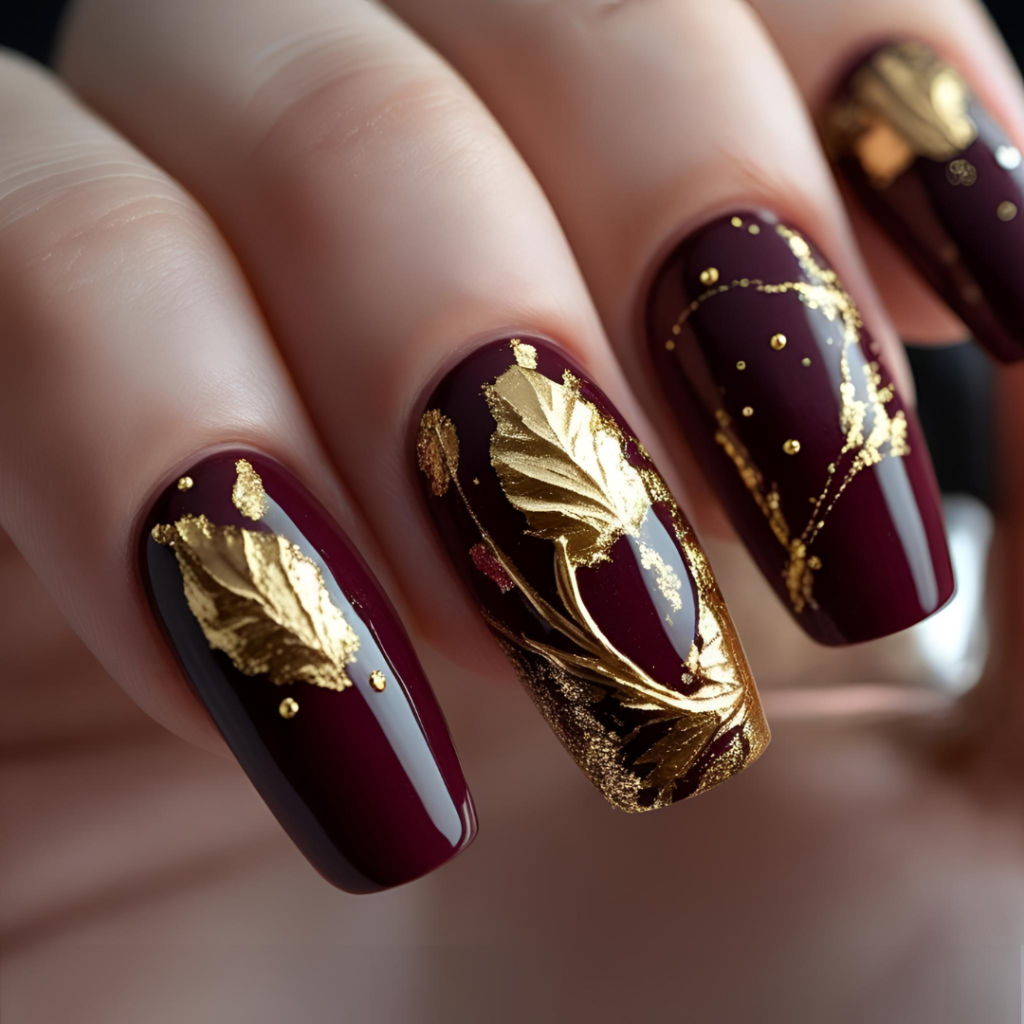 Nail Art Ideas 2025: Simple, Elegant & Trending Designs You’ll Love 7 Short nail art design with maroon base and gold foil.