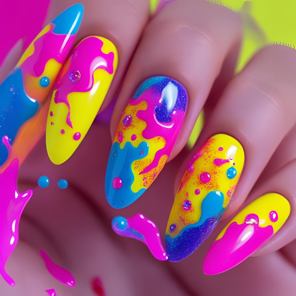 Nail Art Ideas 2025: Simple, Elegant & Trending Designs You’ll Love 10 Bright neon nail art with abstract summer-inspired splashes.