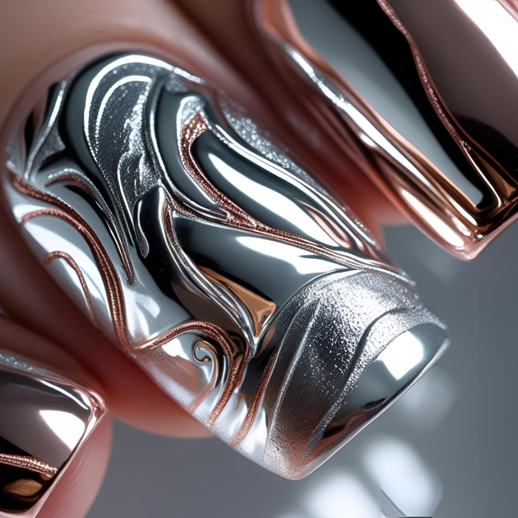 Nail Art Ideas 2025: Simple, Elegant & Trending Designs You’ll Love 12 Chrome metallic nail art in silver and rose gold.