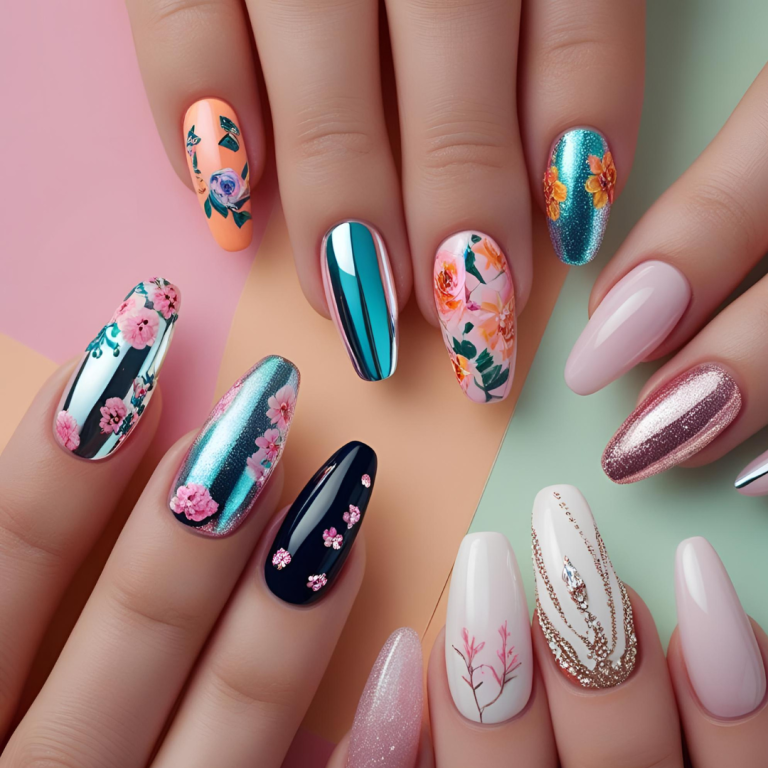 A collection of hands showing different trending nail art designs: floral, chrome, neon, minimalist, and bridal, on pastel backgrounds.
