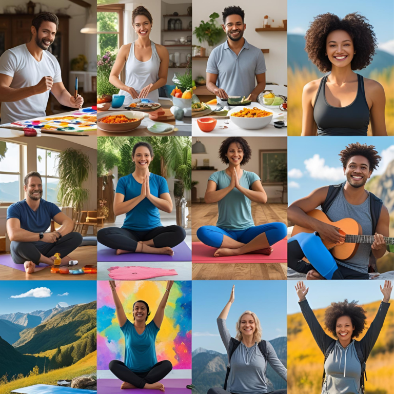 : A collage showing people engaged in different hobbies like painting, cooking, yoga, video making, and hiking in beautiful settings.