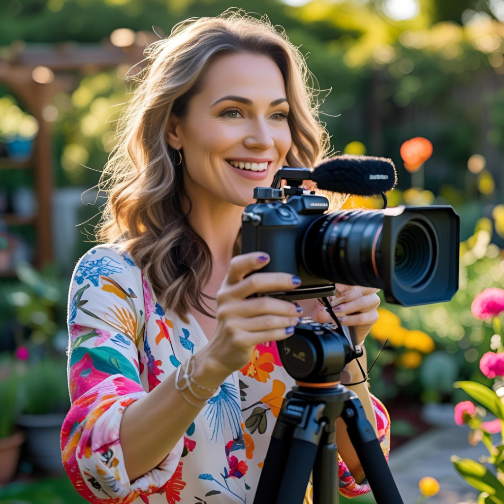 Hobbies That Enrich Your Life: 12 Inspiring Ideas to Boost Joy & Creativity 5 Woman filming a creative video blog outdoors in a garden setting.
