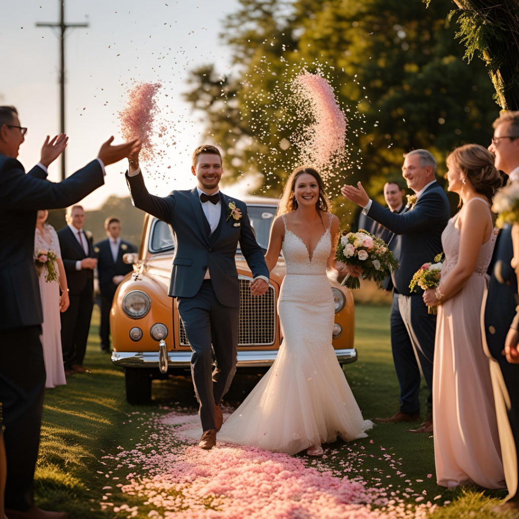 Secret Garden Wedding: Enchanting Pastel Floral Decor & Dreamy Wedding Chandeliers 11 Bride and groom exiting through a petal toss with a flower-decorated vintage car waiting.