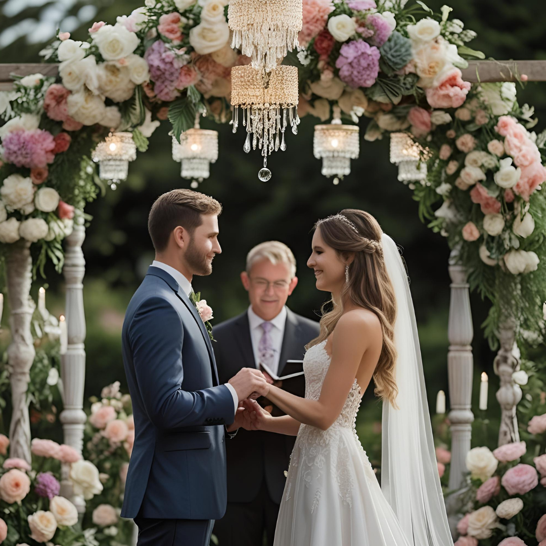 A romantic wedding ceremony under a floral arch in a garden setting with hanging chandeliers and soft pastel colors. Bride and groom holding hands mid-vow.
