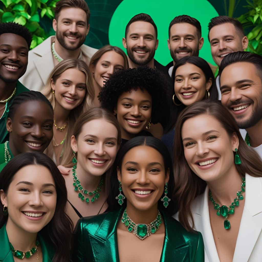 Emerald Jewelry Designs 2025 15 Diverse group of people wearing various emerald jewelry styles, smiling in a group portrait at a trendy event, with green themes in background, capturing joy and inclusivity in a lively, colorful composition.