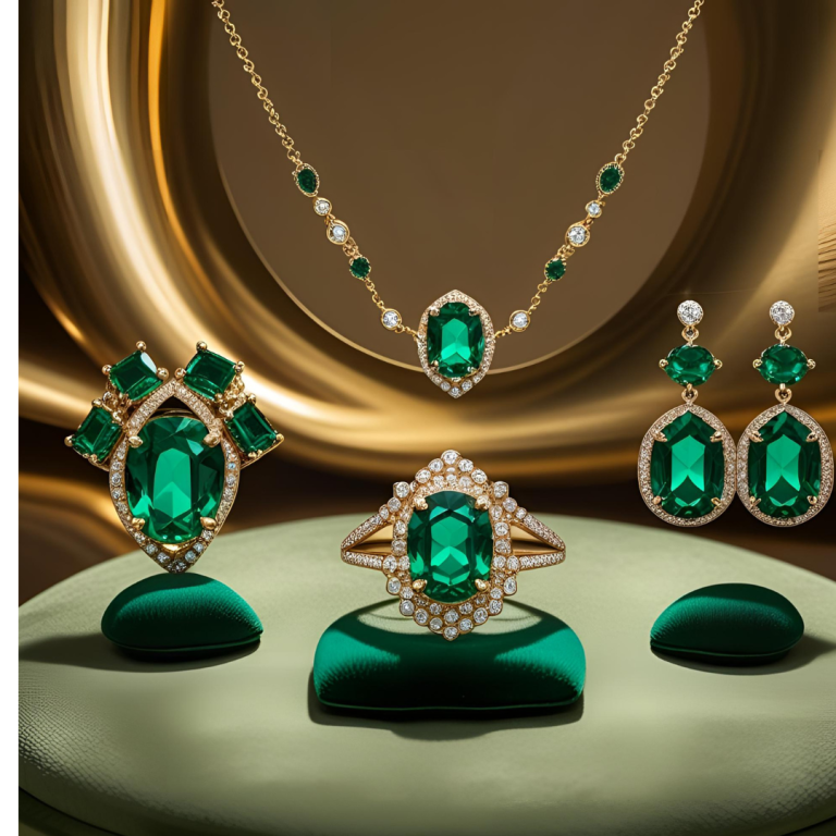"Emerald jewelry 2025 collection with a bold cocktail ring, matching earrings, and delicate necklace displayed on velvet under soft golden lighting."