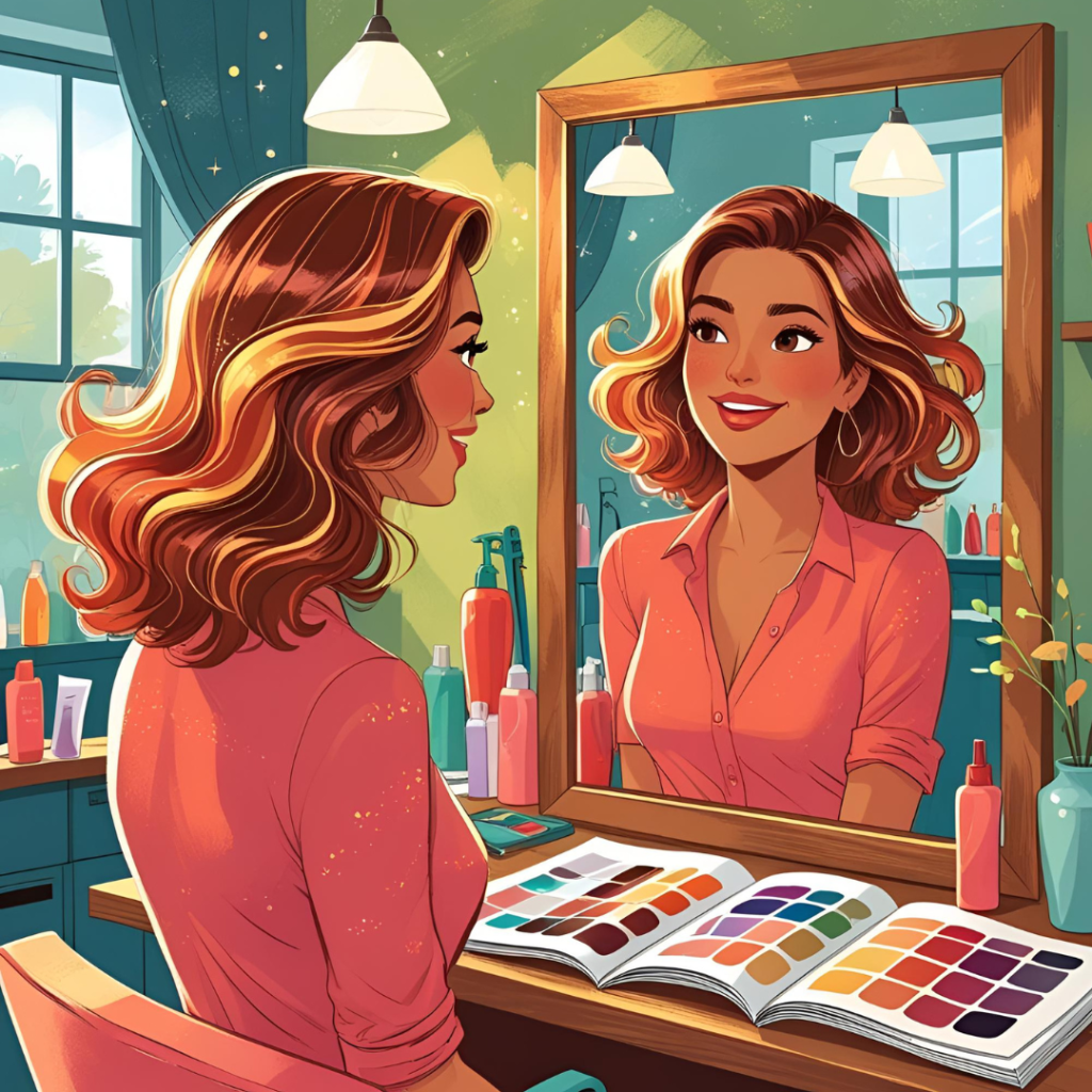 Beautiful Hair Color Ideas for Women 2025 2 A vibrant illustration of a woman gazing at her reflection in a mirror, her hair flowing in soft waves with shimmering highlights in warm tones, surrounded by open magazines and color swatches in a cozy salon setting, capturing excitement and transformation in a dreamy, inviting style.