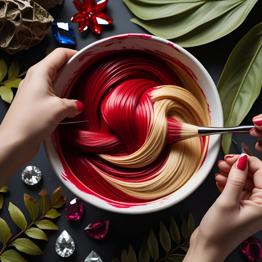 Beautiful Hair Color Ideas for Women 2025 3 Close-up of a stylist's hands mixing hair dye in a bowl, with rich red and blonde pigments swirling together, set against a backdrop of natural elements like leaves and gems, in high-detail photography that emphasizes vibrancy and creativity.